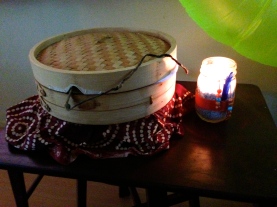 Placenta container with Chase' candle holder. The chord detached exactly after 3 days.